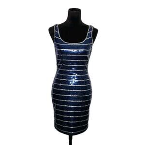 Caché Vintage Blue Silver Sequin Bodycon Mini Dress Women's Size 4 Party Club
